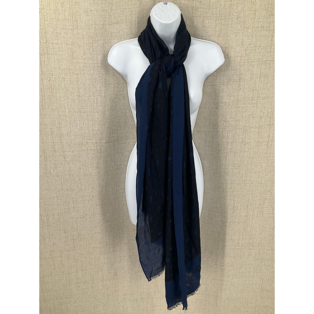Kate Spade Scarf Women OS Navy Blue Animal Print Leopard Fringe Wrap Chic